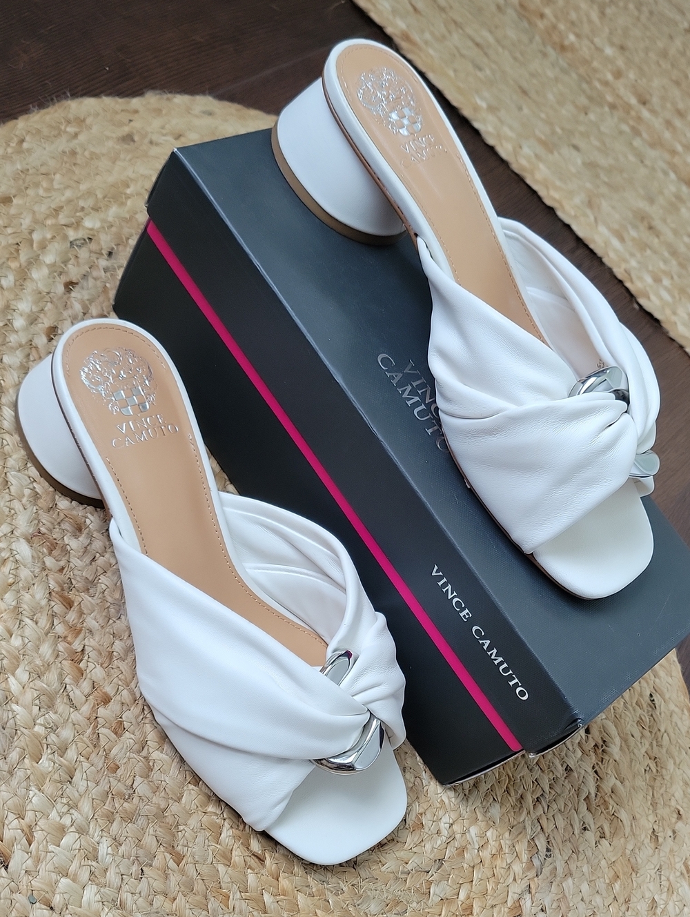 Vince Camuto White Knot Slide Mules with Silver Accent
